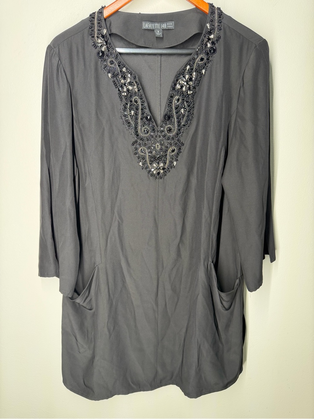 Lafayette 148 New York 100% Silk Beaded Embellished Tunic Blouse Luxury Black